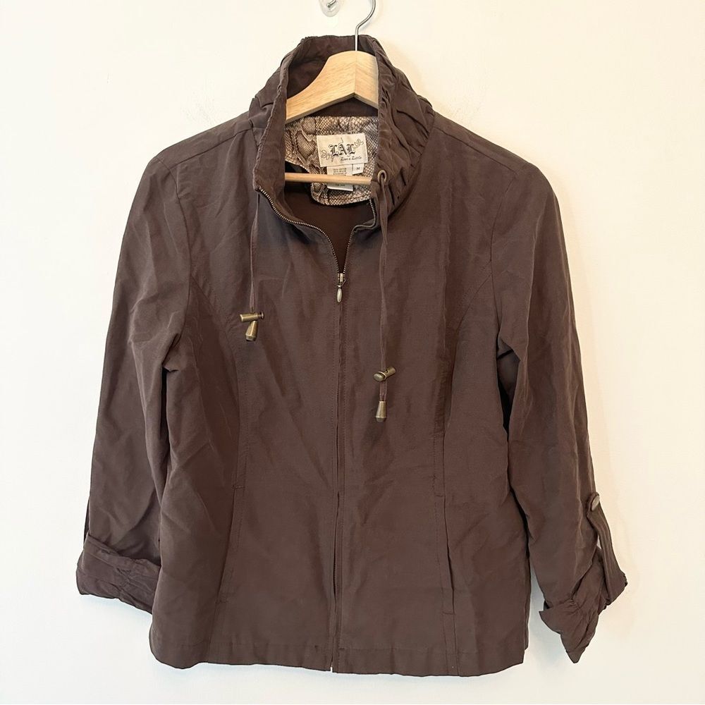 Live a Little chocolate brown jacket with brass accents size medium
